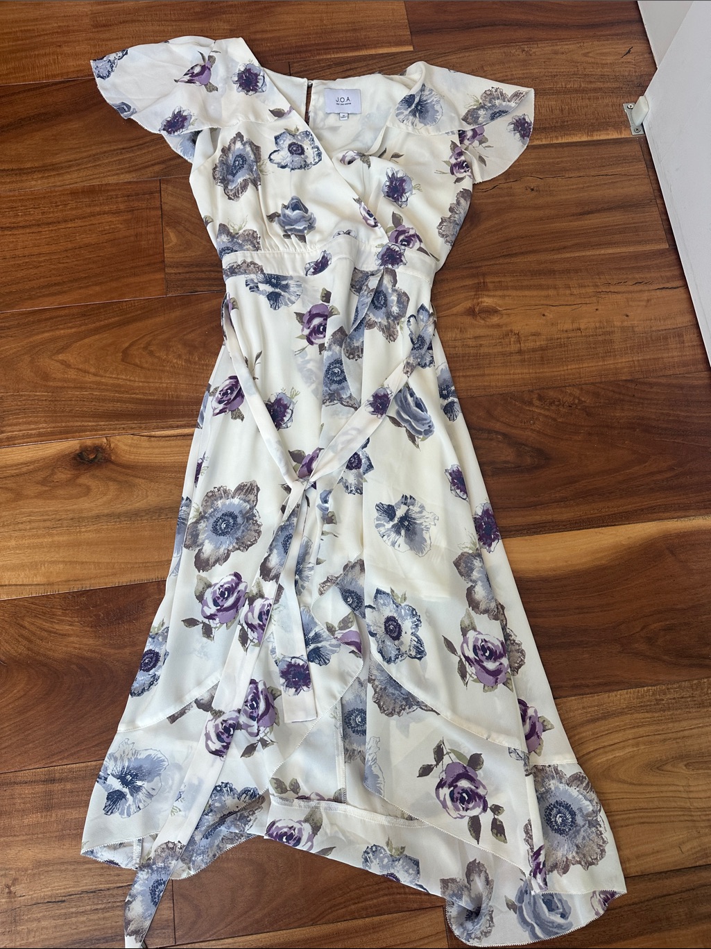 J.O.A. Ivory Wrap Dress With Purple & Blue Floral Print